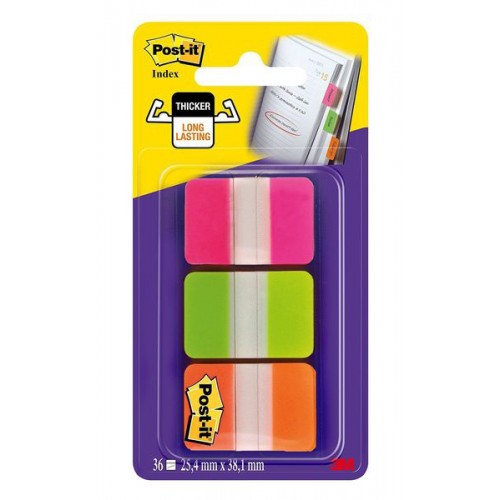 Marcapáginas 3m post-it index rígidos, 25,4x38,1 mm. naranja, rosa y verde, dispensador de 3x22 uds.