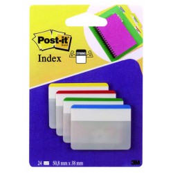 Marcadores 3m post-it index rígidos planos para archivo de 50,8x38,1 mm. amarillo, azul, rojo y verde, dispensador de 4x6 uds.