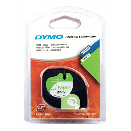 Cinta dymo letratag, 12 mm. x 4 mts. papel, negro/blanco