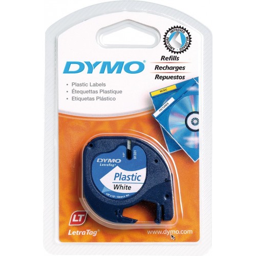 Cinta dymo letratag, 12 mm. x 4 mts. plástico, negro/blanco