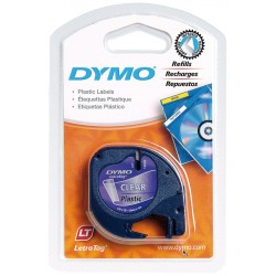 Cinta dymo letratag, 12 mm. x 4 mts. plástico, negro/transparente