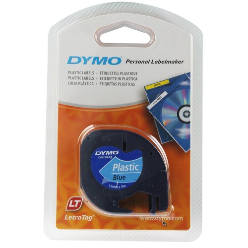 Cinta dymo letratag, 12 mm. x 4 mts. plástico, negro/azul
