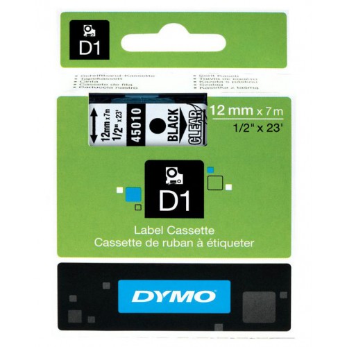 Cinta dymo d1, 12 mm. x 7 mts. poliéster, negro/transparente