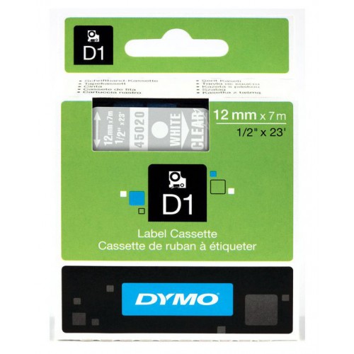 Cinta dymo d1, 12 mm. x 7 mts. poliéster, blanco/transparente