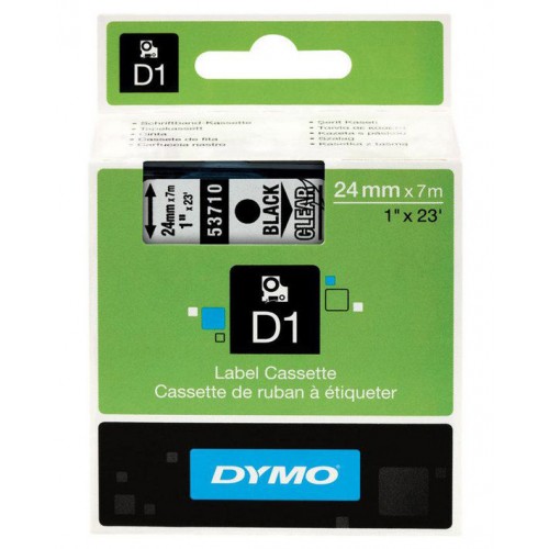 Cinta dymo d1, 24 mm. x 7 mts. poliéster, negro/transparente