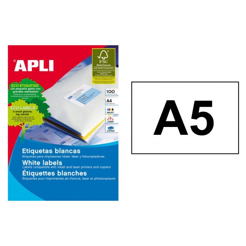 Etiqueta blanca cantos rectos apli, 210x148 mm. caja de 200 hojas din a5