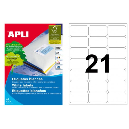 Etiqueta blanca cantos romos apli, 63,5x38,1 mm. caja de 100 hojas din a4