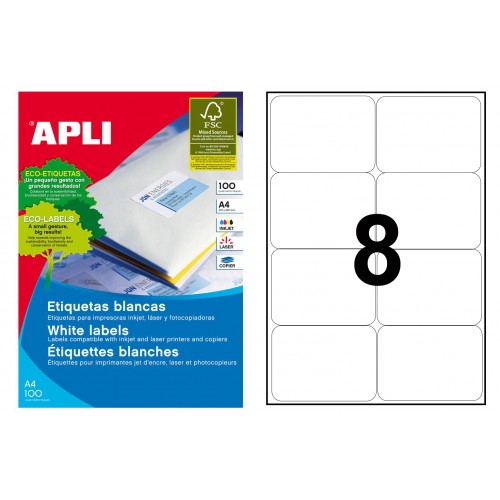 Etiqueta blanca cantos romos apli, 99,1x67,7 mm. caja de 100 hojas din a4
