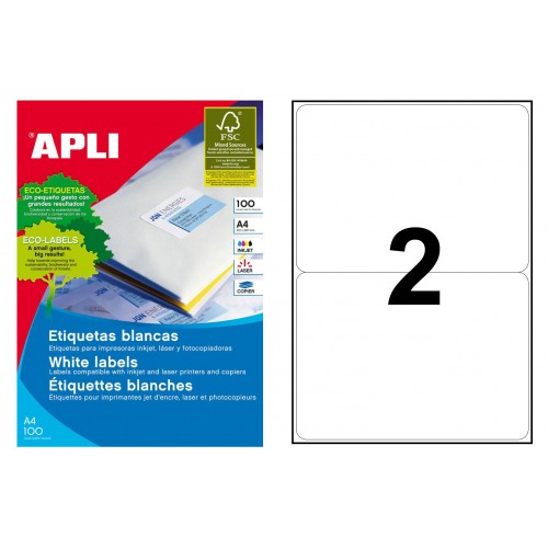 Etiqueta blanca cantos romos apli, 199,6x144,5 mm. caja de 100 hojas din a4