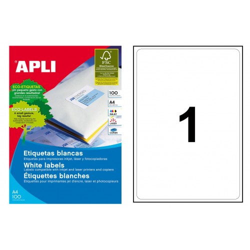 Etiqueta blanca cantos romos apli, 199,6x289,1 mm. caja de 100 hojas din a4
