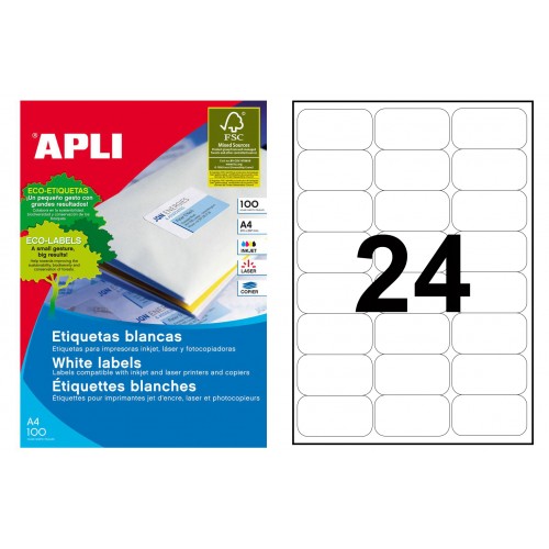 Etiqueta blanca cantos romos apli, 64,0x33,9 mm. caja de 100 hojas din a4