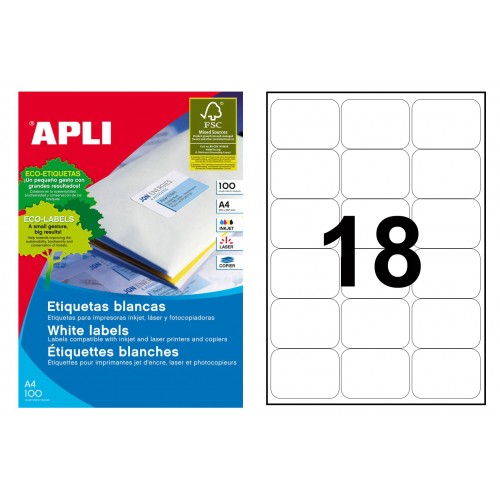 Etiqueta blanca cantos romos apli, 63,5x46,6mm. caja de 100 hojas din a4