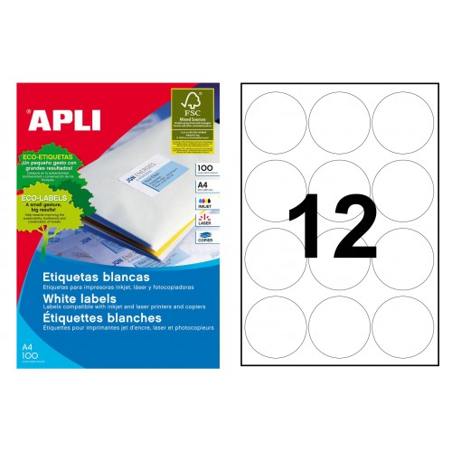 Etiqueta blanca cantos romos apli, Ø 60 mm. caja de 100 hojas din a4