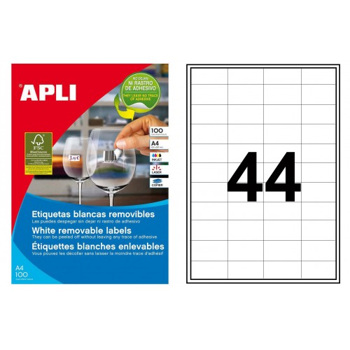 Etiqueta blanca removible cantos rectos apli, 48,5x25,4 mm. caja de 100 hojas din a4
