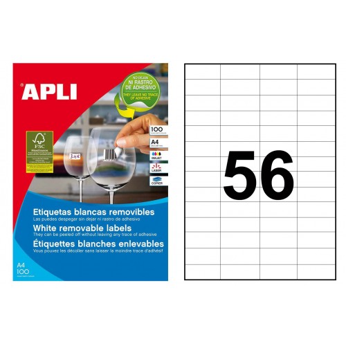 Etiqueta blanca removible cantos rectos apli, 52,5x21,2 mm. caja de 100 hojas din a4