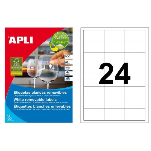 Etiqueta blanca removible cantos rectos apli, 64,6x33,8 mm. caja de 100 hojas din a4