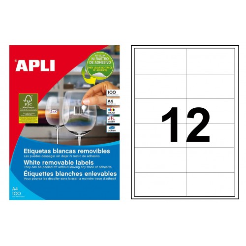 Etiqueta blanca removible cantos rectos apli, 97x42,4 mm. caja de 100 hojas din a4