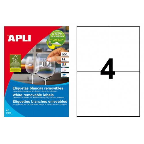 Etiqueta blanca removible cantos rectos apli, 105x148 mm. caja de 100 hojas din a4