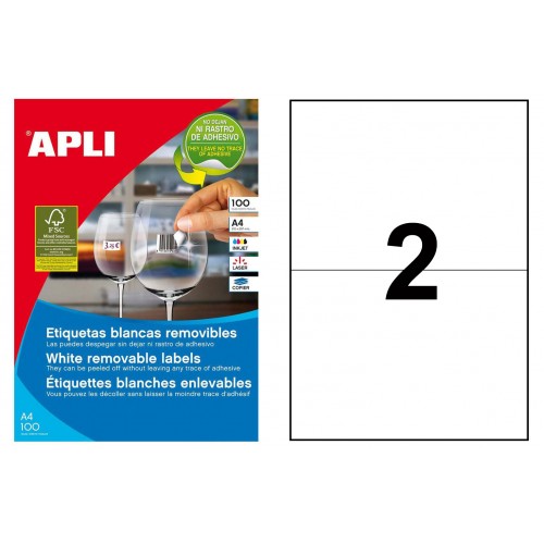 Etiqueta blanca removible cantos rectos apli, 210x148 mm. caja de 100 hojas din a4