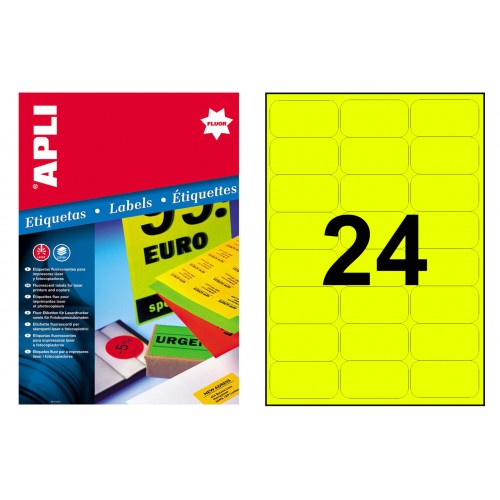 Etiqueta de color amarillo fluorescente cantos romos apli, 64x33,9 mm. caja de 100 hojas din a4
