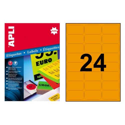 Etiqueta de color naranja fluorescente cantos romos apli, 64x33,9 mm. caja de 100 hojas din a4