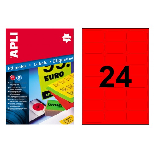 Etiqueta de color rojo fluorescente cantos romos apli, 64x33,9 mm. caja de 100 hojas din a4