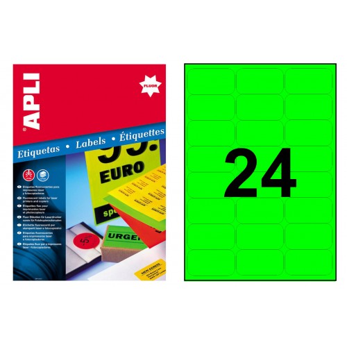 Etiqueta de color verde fluorescente cantos romos apli, 64x33,9 mm. caja de 100 hojas din a4