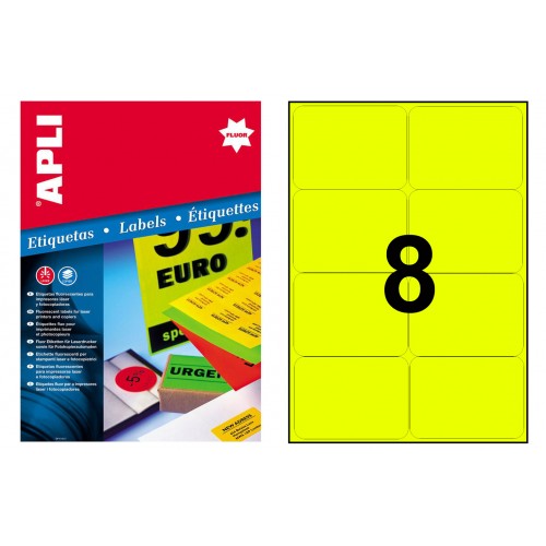 Etiqueta de color amarillo fluorescente cantos romos apli, 99,1x67,7 mm. caja de 100 hojas din a4