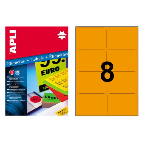 Etiqueta de color naranja fluorescente cantos romos apli, 99,1x67,7 mm. caja de 100 hojas din a4