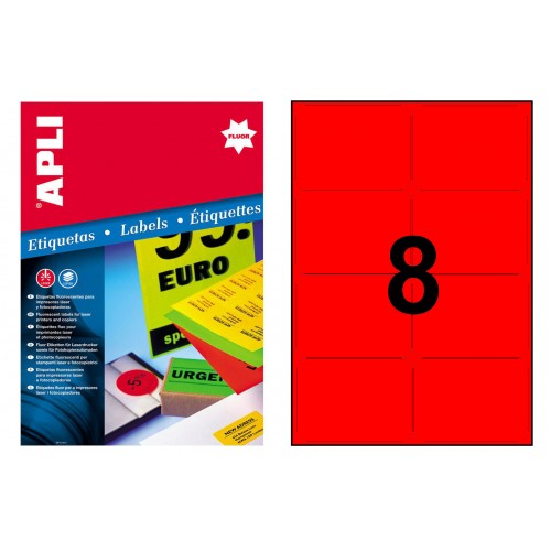 Etiqueta de color rojo fluorescente cantos romos apli, 99,1x67,7 mm. caja de 100 hojas din a4