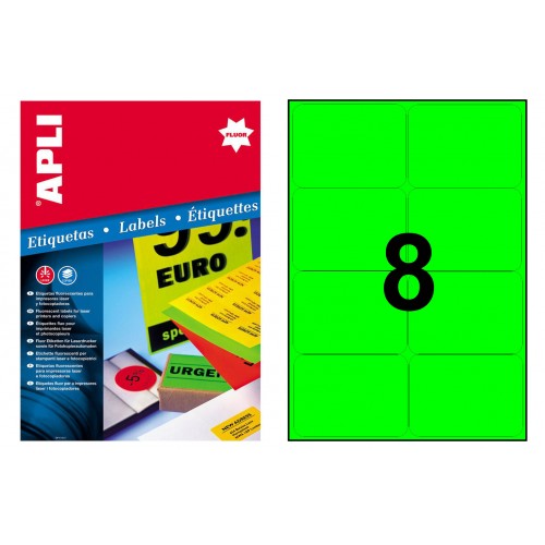 Etiqueta de color verde fluorescente cantos romos apli, 99,1x67,7 mm. caja de 100 hojas din a4