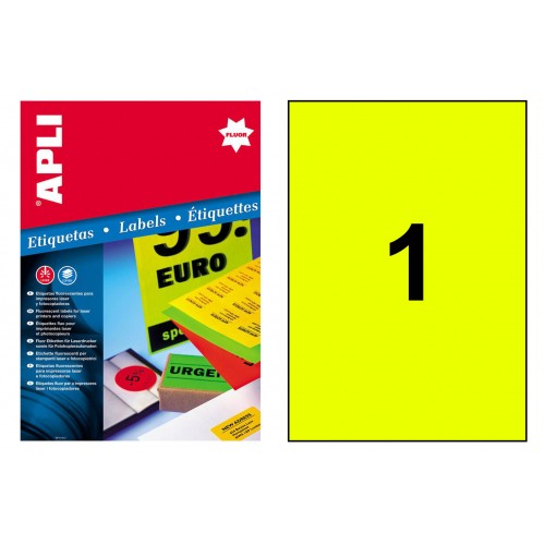 Etiqueta de color amarillo fluorescente cantos rectos apli, 210x297 mm. caja de 100 hojas din a4