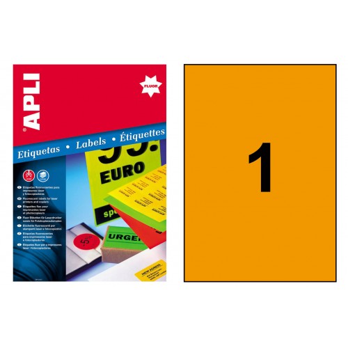 Etiqueta de color naranja fluorescente cantos rectos apli, 210x297 mm. caja de 100 hojas din a4