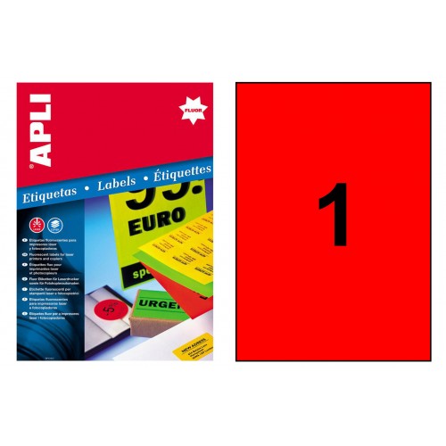 Etiqueta de color rojo fluorescente cantos rectos apli, 210x297 mm. caja de 100 hojas din a4