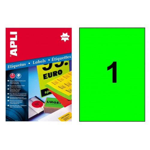 Etiqueta de color verde fluorescente cantos rectos apli, 210x297 mm. caja de 100 hojas din a4