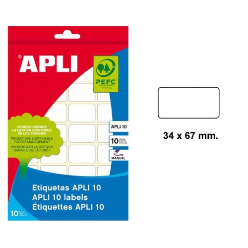 Etiqueta blanca de escritura manual cantos romos apli 10, 34x67 mm. blíster de 10 hojas