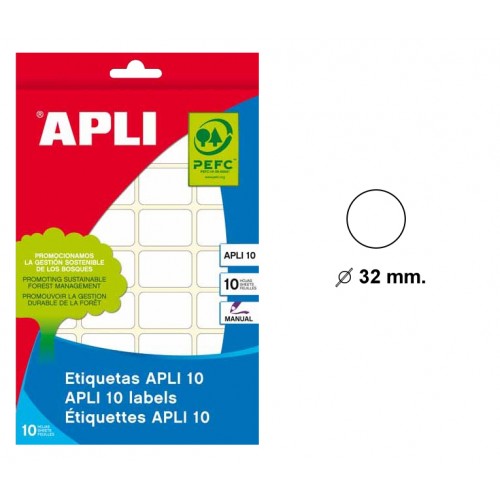 Etiqueta blanca de escritura manual cantos romos apli 10, Ø 32 mm. blíster de 10 hojas