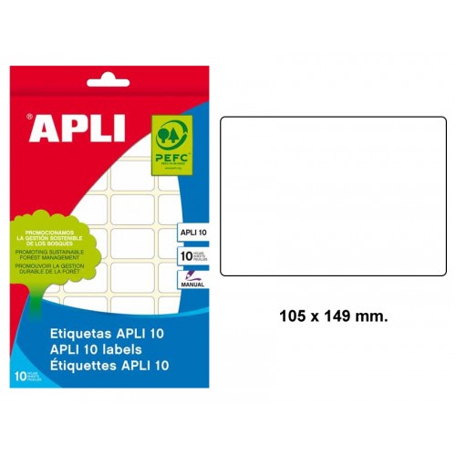 Etiqueta blanca de escritura manual cantos romos apli 10, 105x149 mm. blíster de 10 hojas