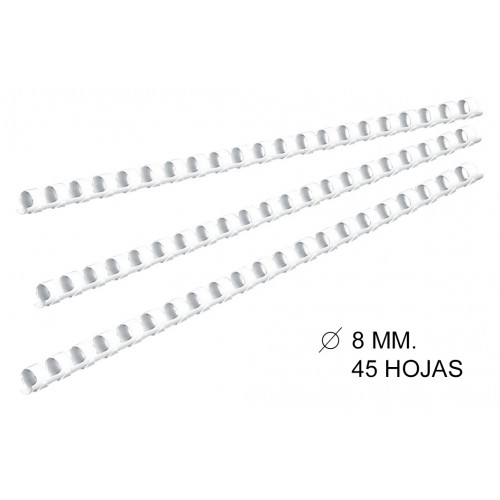 Canutillo plástico redondo gbc combbind de Ø 8 mm. blanco, caja de 100 uds.