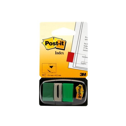 Marcapáginas 3m post-it index, 25,4x43,2 mm. verde, dispensador de 50 uds.