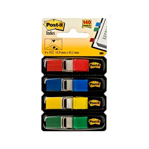Marcapáginas 3m post-it index, 11,9x43,1 mm. amarillo, azul, rojo y verde, dispensador de 4x35 uds.